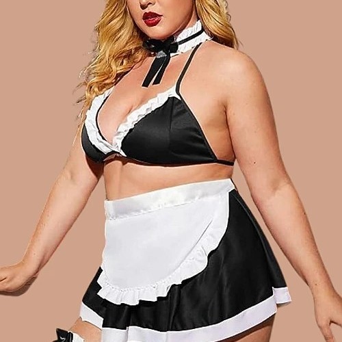 Hizmetci Siyah Yanları Saten Şık Fantezi Kostüm 3XL 4XL