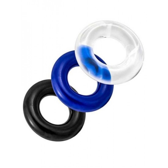 Üçlü Penis Halkası. Siyah, mavi ve şeffaf renklerde